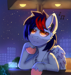 Size: 1854x1956 | Tagged: safe, artist:freak-side, oc, oc only, oc:dawn chaser, pegasus, pony, balcony, blue fur, chest fluff, city, colored hooves, commission, detailed background, earbuds, hologram, lidded eyes, lights, listening to music, male, male oc, mp3 player, music notes, night, orange eyes, pegasus oc, relaxing, skyscraper, solo, stallion, stallion oc, stars, two toned mane, unshorn fetlocks, ych result