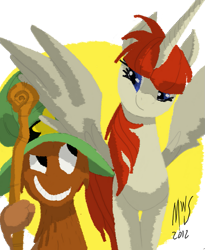 Size: 827x1011 | Tagged: safe, artist:michaelwsmyth, oc, oc:fausticorn, alicorn, alien, pony, craig mccracken, crossover, duo, looking at each other, looking at someone, ponified, simple background, transparent background, wander over yonder, wander's hat