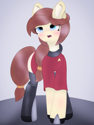 Size: 2985x3979 | Tagged: safe, artist:sodapop sprays, oc, oc:naomi horsley, earth pony, pony, blushing, boots, chest fluff, clothes, combadge, distressed, ear fluff, miniskirt, redshirt, shoes, simple background, skirt, solo, star trek, star trek (tos), stockings, thigh highs, uniform, whining