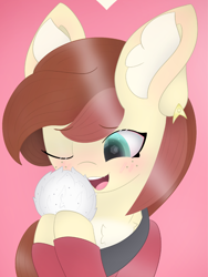 Size: 1284x1712 | Tagged: safe, artist:sodapop sprays, oc, oc:naomi horsely, oc:naomi horsley, earth pony, pony, bust, chest fluff, clothes, ear fluff, ear piercing, earring, happy, jewelry, one eye closed, open mouth, open smile, piercing, smiling, solo, star trek, star trek (tos), tribble, uniform