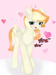 Size: 2661x3547 | Tagged: safe, artist:sodapop sprays, oc, pegasus, pony, ara ara, blushing, chest fluff, crossed arms, ear fluff, heart, in love, simple background, solo, text
