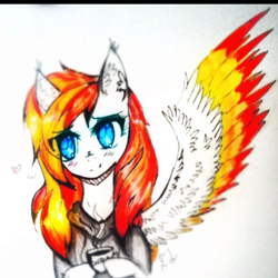 Size: 605x605 | Tagged: safe, artist:hysteriana, oc, oc only, pegasus, pony, anime, blue eyes, clothes, coffee, coffee cup, cup, cute, fiery wings, hoodie, request, solo, spread wings, wings