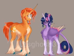 Size: 1324x1000 | Tagged: safe, artist:lesghostie, sunburst, twilight sparkle, alicorn, classical unicorn, pony, unicorn, g4, alternate hairstyle, brown background, cloven hooves, coat markings, colored wings, female, glasses, hair bun, horn, leonine tail, long hair, male, mare, missing accessory, multicolored wings, pale belly, ship:twiburst, shipping, simple background, socks (coat markings), stallion, straight, twilight sparkle (alicorn), unshorn fetlocks, watermark, wings