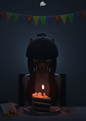Size: 2743x3840 | Tagged: safe, artist:comradeshy, oc, oc:eve, earth pony, pony, anthro, 3d, birthday, birthday cake, cake, candle, food, party, solo, source filmmaker