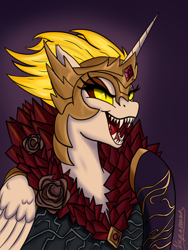 Size: 736x981 | Tagged: safe, artist:kirieshka, daybreaker, alicorn, pony, g4, clothes, colored, crown, delilah copperspoon, dishonored, female, fire, flower, horn, jewelry, mare, open mouth, regalia, rose, sharp teeth, smiling, solo, teeth, wings