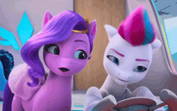 Size: 1312x824 | Tagged: safe, screencap, misty brightdawn, pipp petals, zipp storm, pegasus, pony, unicorn, cutie blossom bash, g5, my little pony: make your mark, my little pony: make your mark chapter 5, spoiler:g5, spoiler:my little pony: make your mark, spoiler:my little pony: make your mark chapter 5, spoiler:mymc05e01, animated, female, gif, loop, mare, marestream, reversed, royal sisters (g5), siblings, sisters, steering wheel