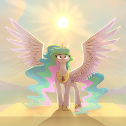 Size: 5028x5028 | Tagged: safe, artist:renderpoint, princess celestia, alicorn, pony, g4, absurd resolution, backlighting, colored, crepuscular rays, crown, ethereal mane, ethereal tail, eyebrows, eyebrows visible through hair, eyelashes, female, full body, hoof shoes, jewelry, large wings, lidded eyes, long mane, long tail, looking at you, mare, peytral, princess shoes, regalia, shading, solo, spread wings, standing, starry mane, starry tail, sun, tail, transparent mane, transparent tail, wings