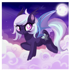 Size: 2577x2624 | Tagged: safe, artist:spookyle, oc, oc only, oc:hollow mist, bat pony, pony, bat pony oc, cloud, high res, looking at you, moon, night, night sky, passepartout, sky, solo