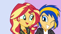Size: 1278x718 | Tagged: safe, artist:mlpfan3991, edit, edited screencap, screencap, sunset shimmer, oc, oc:flare spark, human, a fine line, equestria girls, g4, my little pony equestria girls: better together, clothes, friends, geode of empathy, jewelry, magical geodes, necklace, one eye closed, smiling, wink