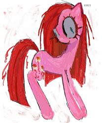 Size: 599x722 | Tagged: safe, artist:dddddaxie998839, pinkie pie, earth pony, pony, elements of insanity, g4, colored eyelashes, female, gray sclera, mare, pinkis cupcake, simple background, smiling, solo, standing, teal eyes, turned head, white background