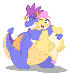 Size: 1600x1713 | Tagged: safe, artist:aleximusprime, oc, oc only, oc:buttercream the dragon, oc:singe the dragon, dragon, fanfic:my big fat pink wedding, flurry heart's story, belly, big belly, brother and sister, dragon oc, dragoness, duo, duo male and female, fangs, fat, female, grin, hug, larger male, looking at each other, looking at someone, male, non-pony oc, one eye closed, open mouth, siblings, simple background, size difference, smaller female, smiling, transparent background