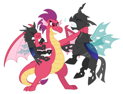 Size: 1600x1230 | Tagged: safe, artist:aleximusprime, oc, oc only, oc:barb the dragon, changeling, dragon, fanfic:my big fat pink wedding, flurry heart's story, asphyxiation, dragon oc, dragoness, eyes closed, female, fight, grin, gritted teeth, non-pony oc, punch, simple background, smiling, spread wings, strangling, teeth, transparent background, wings