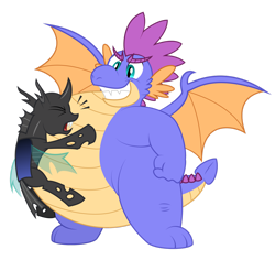 Size: 1600x1512 | Tagged: safe, artist:aleximusprime, oc, oc only, oc:singe the dragon, changeling, dragon, fanfic:my big fat pink wedding, flurry heart's story, belly, belly bounce, big belly, dragon oc, duo, eyes closed, fangs, fat, fight, male, non-pony oc, simple background, spread wings, transparent background, wings