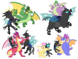 Size: 1920x1456 | Tagged: safe, artist:aleximusprime, spike, oc, oc:barb the dragon, oc:buttercream the dragon, oc:scorch the dragon, oc:singe the dragon, changeling, dragon, fanfic:my big fat pink wedding, flurry heart's story, g4, asphyxiation, bear hug, belly bounce, butt, chunkling, dragon oc, dragoness, eye bulging, eyes closed, fangs, fat, fat spike, female, fight, grin, gritted teeth, horn, horn grab, hug, kick, male, non-pony oc, older, older spike, one eye closed, open mouth, plot, punch, rearing, simple background, smiling, spike's family, spread wings, squeezing, strangling, teeth, tongue out, transparent background, wings