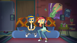 Size: 1280x720 | Tagged: safe, artist:mlpfan3991, edit, edited screencap, screencap, sunset shimmer, oc, oc:flare spark, human, equestria girls, g4, game stream, my little pony equestria girls: better together, clothes, controller, converse, couch, denim, female, game stream outfit, gamer sunset, headphones, jacket, jeans, pants, poster, shoes, sneakers, sunset's apartment, tomboy
