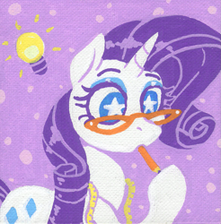 Size: 1167x1188 | Tagged: safe, artist:dandy, rarity, pony, unicorn, g4, acrylic painting, eyeshadow, female, glasses, horn, idea, lightbulb, makeup, mare, measuring tape, pencil, pencil in mouth, solo, starry eyes, traditional art, wingding eyes