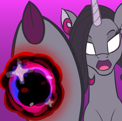 Size: 1079x1064 | Tagged: safe, artist:nonameorous, oleander (tfh), classical unicorn, pony, unicorn, them's fightin' herds, biden blast, cloven hooves, community related, gradient background, horn, magic, meme, no pupils, purple background, solo, unshorn fetlocks, yelling