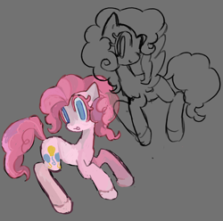 Size: 1968x1950 | Tagged: safe, artist:dddddaxie998839, pinkie pie, earth pony, pegasus, pony, g4, blue eyes, closed mouth, colored eyelashes, female, flying, gray background, lineart, looking at you, mare, open mouth, pegasus pinkie pie, race swap, simple background, smiling, solo, spread wings, wings