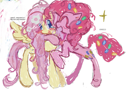 Size: 959x686 | Tagged: safe, artist:dddddaxie998839, fluttershy, pinkie pie, earth pony, pegasus, pony, g4, blush scribble, blush sticker, blushing, candy, candy in hair, duo, eyes closed, female, flower, flower in hair, food, hug, lesbian, long legs, looking at someone, mare, open mouth, requested art, ship:flutterpie, shipping, simple background, smiling, sparkles, spread wings, stylized, white background, wings