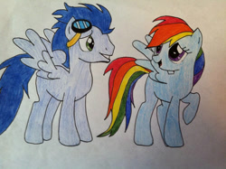 Size: 749x560 | Tagged: safe, artist:rock-n-draw23, rainbow dash, soarin', pegasus, pony, g4, female, male, mare, ship:soarindash, shipping, stallion, straight, traditional art