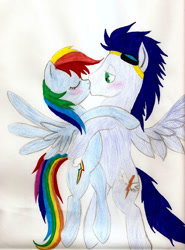 Size: 750x1013 | Tagged: safe, artist:shadowgirl98, rainbow dash, soarin', pegasus, pony, g4, female, kiss on the lips, kissing, male, mare, ship:soarindash, shipping, stallion, straight, traditional art