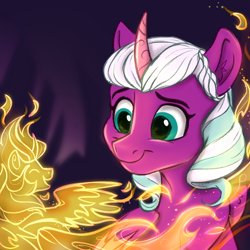Size: 1000x1000 | Tagged: safe, artist:rutkotka, opaline arcana, alicorn, elemental, fire elemental, pony, g5, bust, cute, female, filly, filly opaline arcana, fire, fire alicorn, foal, folded wings, looking at something, magic, opalinebetes, smiling, solo, wings, younger