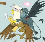 Size: 2048x1896 | Tagged: safe, artist:noupu, gabby, gilda, griffon, butt, cute, duo, feather, female, flying, gabbybetes, gilda is not amused, light blue background, paw pads, paws, plot, simple background, unamused, underpaw
