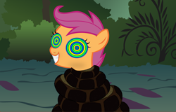 Size: 960x616 | Tagged: artist needed, safe, edit, scootaloo, pegasus, pony, snake, g4, coils, female, filly, foal, grin, happy trance, hypno eyes, hypnosis, hypnotized, kaa, kaa eyes, smiling, solo, wrapped snugly, wrapped up