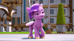 Size: 1920x1074 | Tagged: safe, screencap, pipp petals, pegasus, pony, cutie blossom bash, g5, my little pony: make your mark, my little pony: make your mark chapter 5, spoiler:g5, spoiler:my little pony: make your mark, spoiler:my little pony: make your mark chapter 5, spoiler:mymc05e01, adorapipp, animated, building, cute, cutiespark, filly, filly pipp petals, foal, gif, hedge, outdoors, solo, young, younger