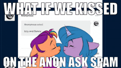 Size: 1280x720 | Tagged: safe, artist:chub-wub, izzy moonbow, sunny starscout, earth pony, pony, unicorn, g5, animated, ask, cute, duo, eyes closed, female, gif, imminent kissing, izzybetes, kissing, lesbian, mane stripe sunny, mare, meme, ship:moonscout, shipping, spam, sunnybetes, text, tumblr, what if we kissed