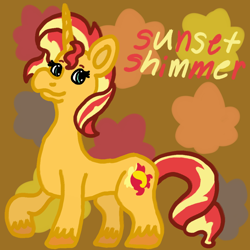 Size: 1000x1000 | Tagged: safe, artist:mintwhistle, sunset shimmer, pony, unicorn, g4, abstract background, autumn, colored hooves, female, leaves, looking back, mare, medibang paint, raised hoof, smiling, solo, sunset day, sunset shimmer day, text, unshorn fetlocks