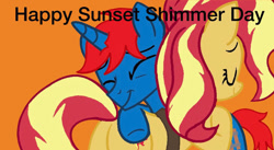 Size: 828x455 | Tagged: safe, artist:ry-bluepony1, sunset shimmer, oc, oc:train track, pony, unicorn, g4, eyes closed, female, hug, male, mare, stallion, sunset shimmer day