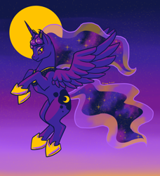 Size: 1000x1098 | Tagged: safe, artist:da_space_kase, artist:katsaka, artist:spacekase, princess luna, alicorn, pony, g4, closed mouth, crown, ethereal hair, ethereal mane, ethereal tail, eyeshadow, fanart, female, full moon, gradient background, hoof shoes, jewelry, lidded eyes, lightly watermarked, limited palette, makeup, mare, moon, peytral, princess shoes, purple background, purple eyes, regalia, smiling, solo, spread wings, starry mane, starry tail, tail, tiara, watermark, wings