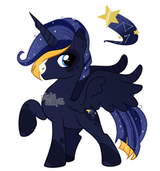 Size: 2632x2827 | Tagged: safe, artist:dixieadopts, oc, oc only, oc:noir, alicorn, pony, alicorn oc, blaze (coat marking), body markings, coat markings, colored eartips, colored wings, constellation, constellation hair, cyan eyes, ethereal mane, facial markings, gradient wings, high res, horn, looking back, male, male alicorn, male alicorn oc, offspring, parent:princess luna, parent:sunburst, parents:lunaburst, raised hoof, simple background, solo, spread wings, stallion, standing, starry mane, starry tail, tail, transparent background, wings