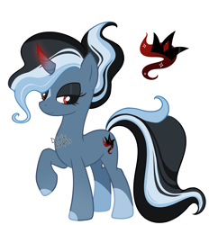 Size: 2632x2835 | Tagged: safe, artist:dixieadopts, oc, oc only, oc:moonlight, pony, unicorn, black eyeshadow, closed mouth, coat markings, colored horn, curved horn, eyeshadow, facial markings, female, gradient horn, high res, horn, lidded eyes, lightly watermarked, looking back, makeup, mare, offspring, parent:king sombra, parent:trixie, parents:trixbra, raised hoof, red eyes, simple background, smiling, socks (coat markings), solo, sombra horn, standing, star (coat marking), transparent background, watermark