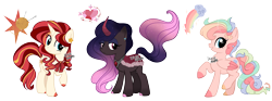 Size: 3800x1421 | Tagged: safe, artist:dixieadopts, oc, oc only, oc:chaotic rainbow, oc:crystal night, oc:sunset silk, pegasus, pony, unicorn, beauty mark, cape, closed mouth, clothes, colored hooves, colored horn, colored wings, colored wingtips, curved horn, cyan eyes, ear piercing, earring, ethereal hair, ethereal mane, ethereal tail, eyeshadow, female, folded wings, gradient ears, gradient legs, gradient mane, gradient tail, horn, jewelry, lidded eyes, lightly watermarked, looking back, magenta eyes, magical lesbian spawn, makeup, mare, mismatched hooves, multicolored wings, neck bow, offspring, open mouth, parent:coco pommel, parent:fluttershy, parent:king sombra, parent:pinkie pie, parent:rainbow dash, parent:sunset shimmer, parents:cocoshimmer, parents:pinkiedash, parents:sombrashy, peytral, piercing, raised hoof, simple background, smiling, sparkly mane, sparkly tail, standing, tail, teal eyes, transparent background, trio, turned head, watermark, wings