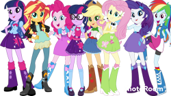 Size: 1280x720 | Tagged: safe, artist:aqua-pony, artist:sugar-loop, edit, editor:cutler1228, applejack, fluttershy, pinkie pie, rainbow dash, rarity, sci-twi, sunset shimmer, twilight sparkle, human, equestria girls, g4, arm behind back, belt, boots, clothes, cowboy hat, female, hand on hip, hat, high heel boots, humane five, humane seven, humane six, shirt, shoes, simple background, skirt, socks, transparent background, twolight