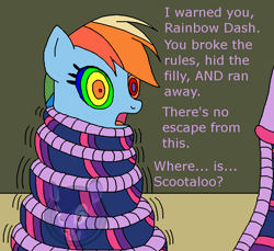 Size: 880x806 | Tagged: dead source, safe, artist:genesis-wolf-leon, rainbow dash, twilight sparkle, alicorn, lamia, original species, pegasus, pony, g4, coiling, coils, dialogue in the description, hypno dash, hypno eyes, hypnosis, hypnotized, implied scootaloo, kaa eyes, lamiafied, obtrusive watermark, open mouth, scolding, species swap, squeeze, squeezing, story included, twilamia, watermark, wrapped up