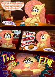 Size: 1331x1880 | Tagged: safe, artist:fluttersharpi, fluttershy, pegasus, pony, g4, burger, comic, cute, cute little fangs, fangs, food, real life background