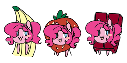 Size: 624x312 | Tagged: safe, artist:tolsticot, pinkie pie, earth pony, pony, g4, :3, banana costume, blush sticker, blushing, chocolate, chocolate costume, clothes, costume, eye clipping through hair, female, food, food costume, mare, simple background, solo, strawberry, strawberry costume, white background
