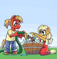 Size: 1252x1280 | Tagged: source needed, safe, artist:smirk, applejack, big macintosh, winona, dog, earth pony, anthro, unguligrade anthro, g4, apple siblings, bath, brother and sister, bubble, clothes, colt big macintosh, cute, female, filly, filly applejack, freckles, hair up, hose, male, overalls, puppy, siblings, sisters, sponge, water, younger