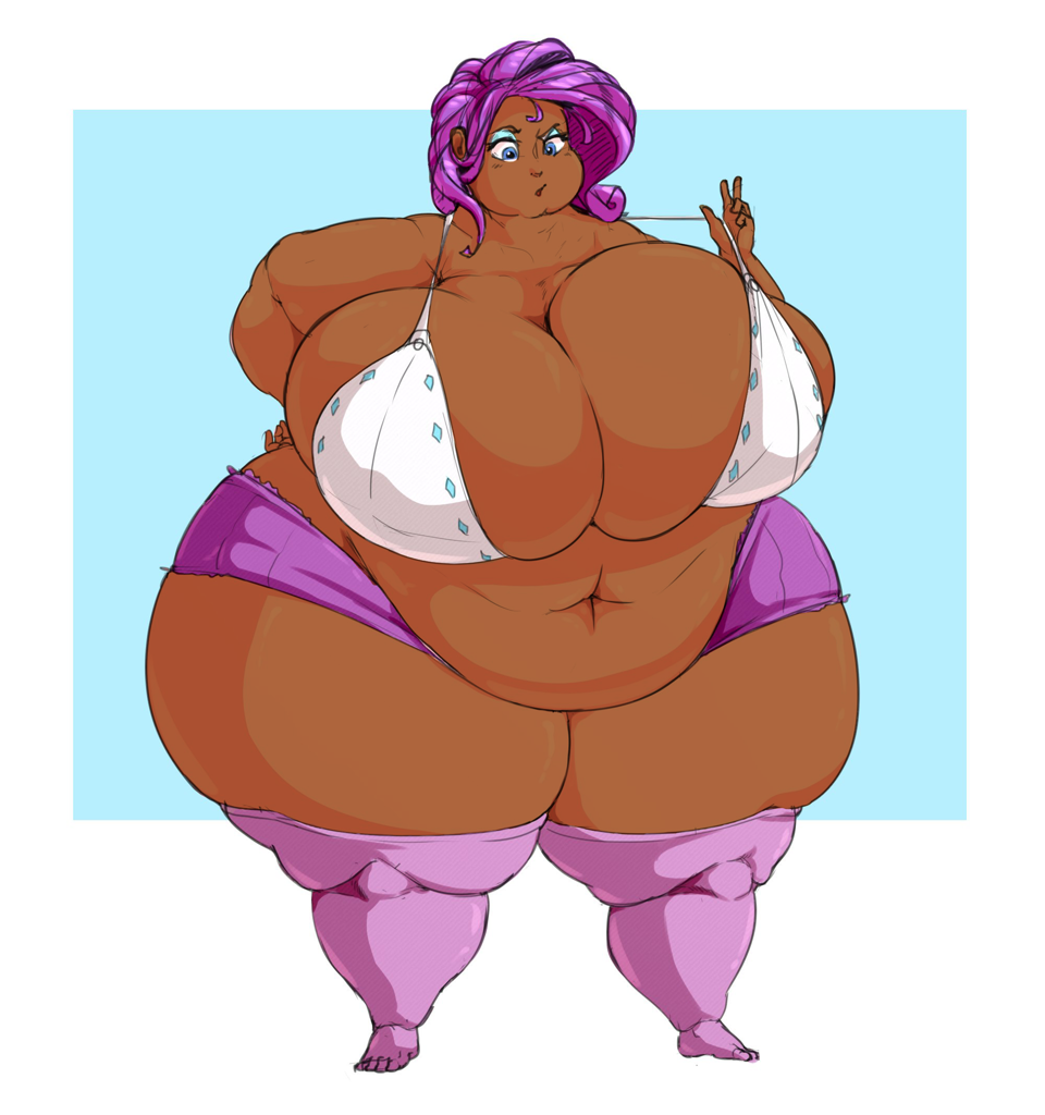 3204667 - suggestive, artist:sirmasterdufel, editor:shiftyshades, rarity,  human, g4, bbw, belly button, big breasts, bra, breasts, busty rarity,  clothes, dark skin, fat, fat boobs, female, high res, huge breasts,  humanized, impossibly large breasts,