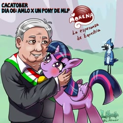 Size: 720x720 | Tagged: safe, artist:lifdrasir, twilight sparkle, alicorn, human, pony, g4, andres manuel lopez obrador, crossover, female, male, mare, meme, mexico, mordecai, regular show, twilight sparkle (alicorn)