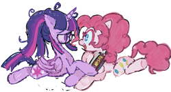 Size: 1315x709 | Tagged: safe, artist:dddddaxie998839, pinkie pie, twilight sparkle, alicorn, earth pony, pony, g4, alternate hairstyle, blue eyes, book, closed mouth, colored eyelashes, duo, female, folded wings, glasses, lesbian, looking at each other, looking at someone, lying down, mare, messy mane, open mouth, ponytail, prone, purple eyes, ship:twinkie, shipping, simple background, smiling, sparkly eyes, twilight sparkle (alicorn), white background, wingding eyes, wings