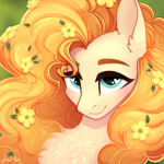 Size: 2048x2048 | Tagged: safe, artist:alrumoon_art, pear butter, earth pony, pony, g4, blue eyes, bust, chest fluff, cute, detailed hair, ear fluff, female, flower, flower in hair, heart, heart eyes, high res, looking at you, mare, pearabetes, portrait, signature, smiling, smiling at you, solo, wingding eyes