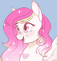 Size: 2248x2380 | Tagged: safe, artist:nikosh, oc, oc only, oc:magenta breeze, pegasus, pony, blue background, blushing, bust, commissioner:dhs, cute, happy, heart, heart mark, high res, looking up, open mouth, pink mane, portrait, simple background, smiling, solo, sparkly mane