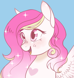 Size: 2248x2380 | Tagged: safe, artist:nikosh, oc, oc only, oc:magenta breeze, pegasus, pony, blue background, blushing, bust, commissioner:dhs, cute, happy, heart, heart mark, high res, looking up, open mouth, pink mane, portrait, simple background, smiling, solo, sparkly mane, variant