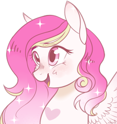 Size: 2248x2380 | Tagged: safe, artist:nikosh, oc, oc only, oc:magenta breeze, pegasus, pony, blushing, bust, commissioner:dhs, cute, happy, heart, heart mark, high res, looking up, open mouth, pink mane, portrait, simple background, smiling, solo, sparkly mane, transparent background, variant