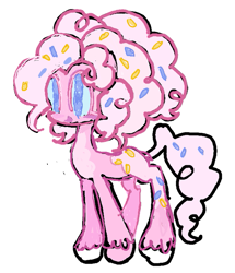 Size: 619x719 | Tagged: safe, artist:dddddaxie998839, pinkie pie, earth pony, pony, g4, alternate color palette, alternate design, big eyes, blue eyes, blue sclera, colored eyelashes, colored hooves, colored sclera, female, food, mare, open mouth, pale belly, redesign, simple background, smiling, solo, sprinkles, sprinkles in hair, standing, unshorn fetlocks, white background