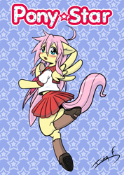 Size: 2481x3508 | Tagged: safe, artist:memprices, edit, fluttershy, pegasus, semi-anthro, g4, arm hooves, blushing, clothes, colored, cosplay, costume, crossover, cute, female, high res, izumi konata, jumping, logo, logo edit, looking at you, lucky star, mare, otakushy, raised tail, sailor uniform, school uniform, shoes, shyabetes, simple background, simple shading, skirt, socks, solo, spread wings, stars, tail, uniform, white background, wings